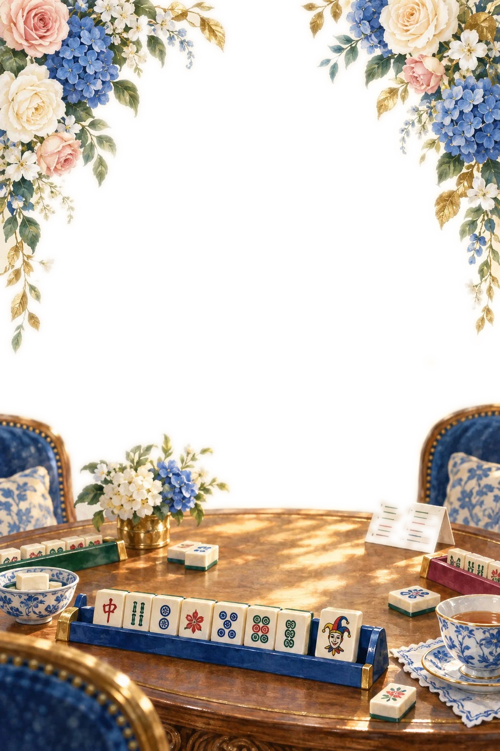 An ornate border of pink and cream roses and blue hydrangeas framing a wooden table set with American Mahjong racks, tiles including a joker, a teacup, and a folded scorecard.
