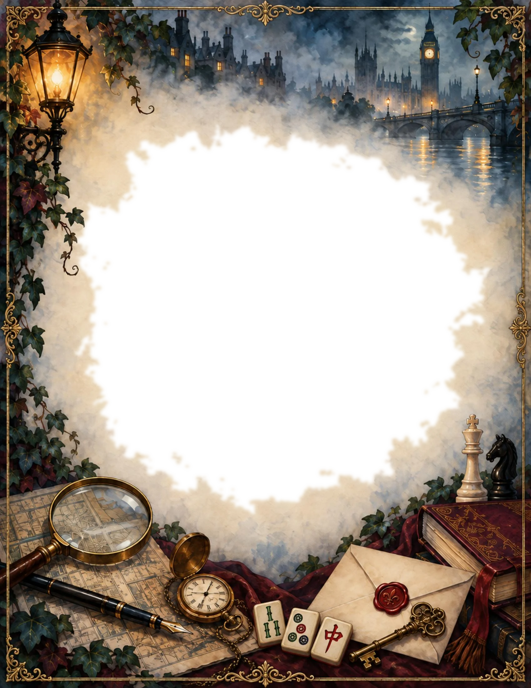 An ornate border of ivy and brass filigree framing a foggy London skyline with Big Ben and Westminster Bridge, a gas lantern, a magnifying glass over a map, a pocket watch, chess pieces, a wax-sealed envelope and key, and a stack of old books.