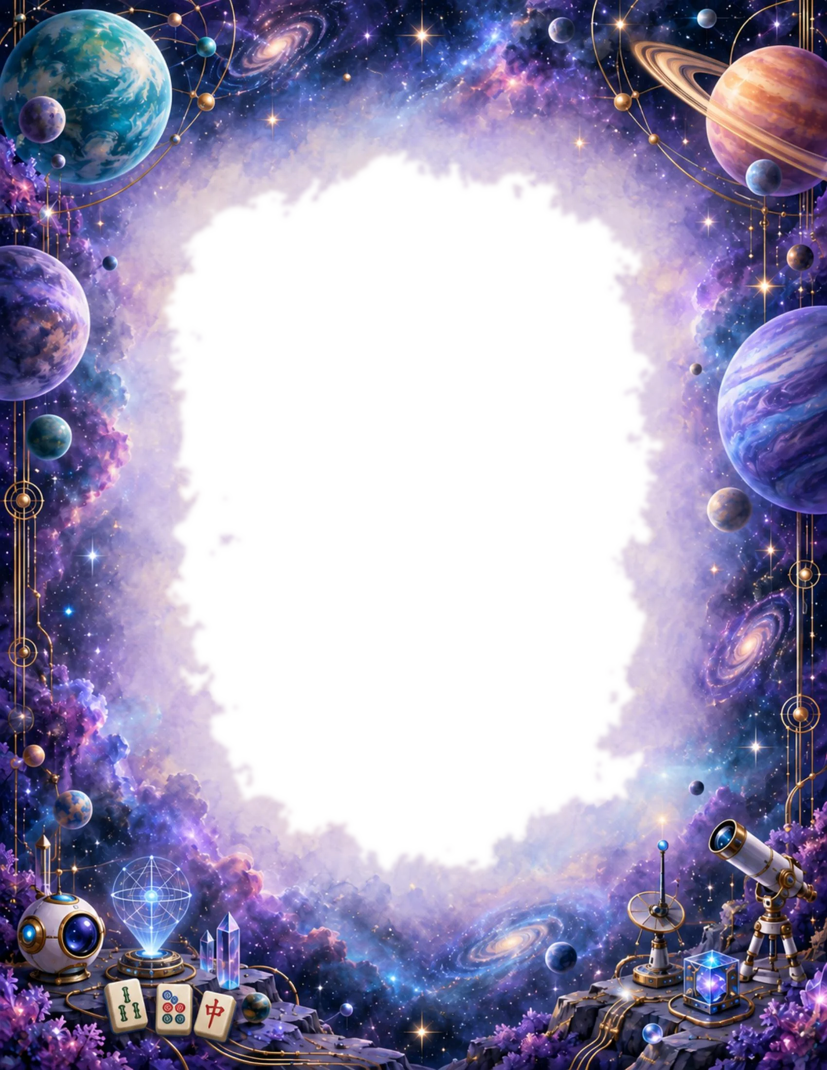 An ornate cosmic border of planets, spiral galaxies, and starlight framing a glowing hologram, crystal, telescope, and instrument panel wired together with gold circuitry.