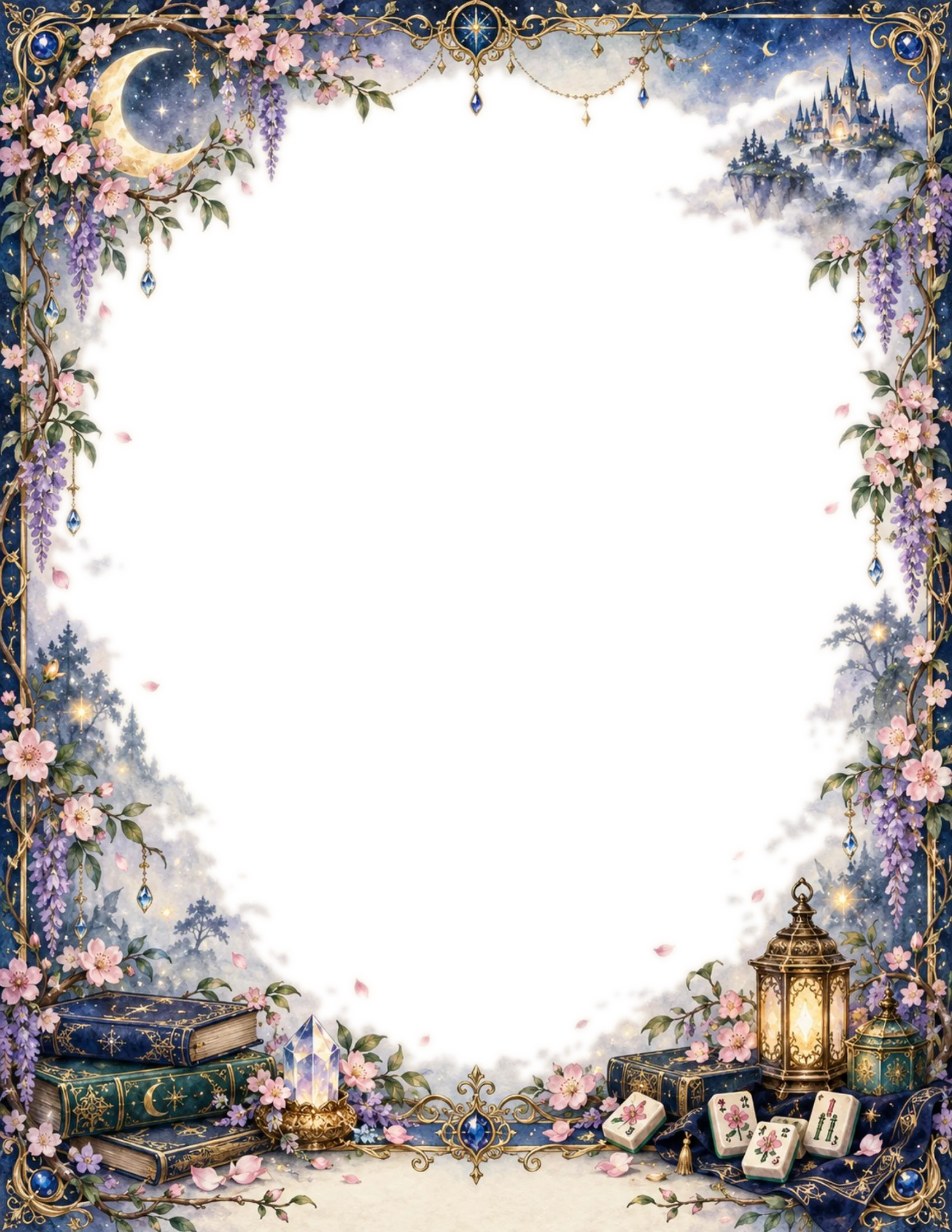 An ornate moonlit border of cherry blossoms and wisteria framing a floating castle, stacked storybooks, a glowing crystal, a lantern, and a set of mahjong tiles tucked into the corner.