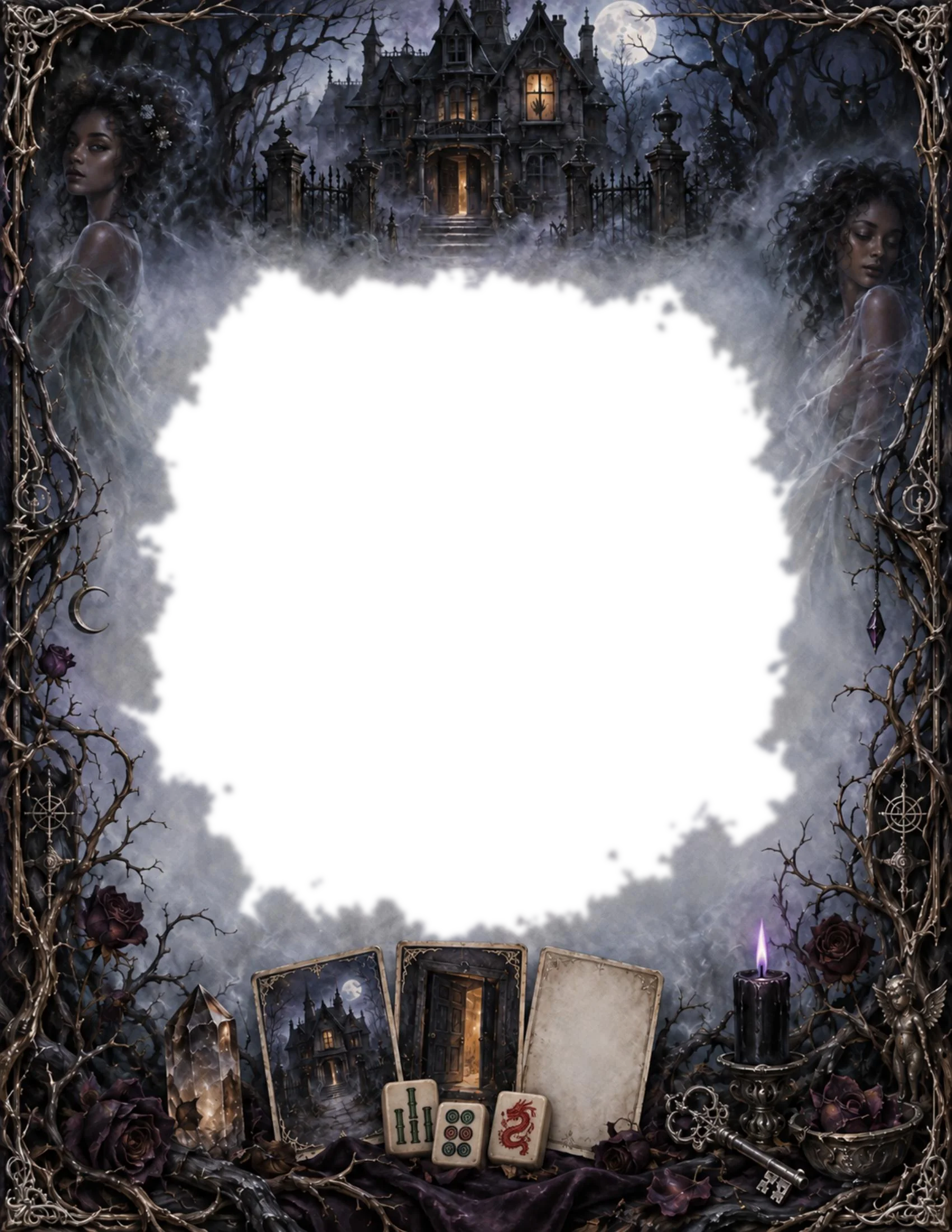 An ornate gothic border of bare branches framing a haunted mansion under a full moon, two ghostly figures on either side, tarot cards including one showing the mansion itself, a black candle, a crystal, and mahjong tiles tucked into the corner.