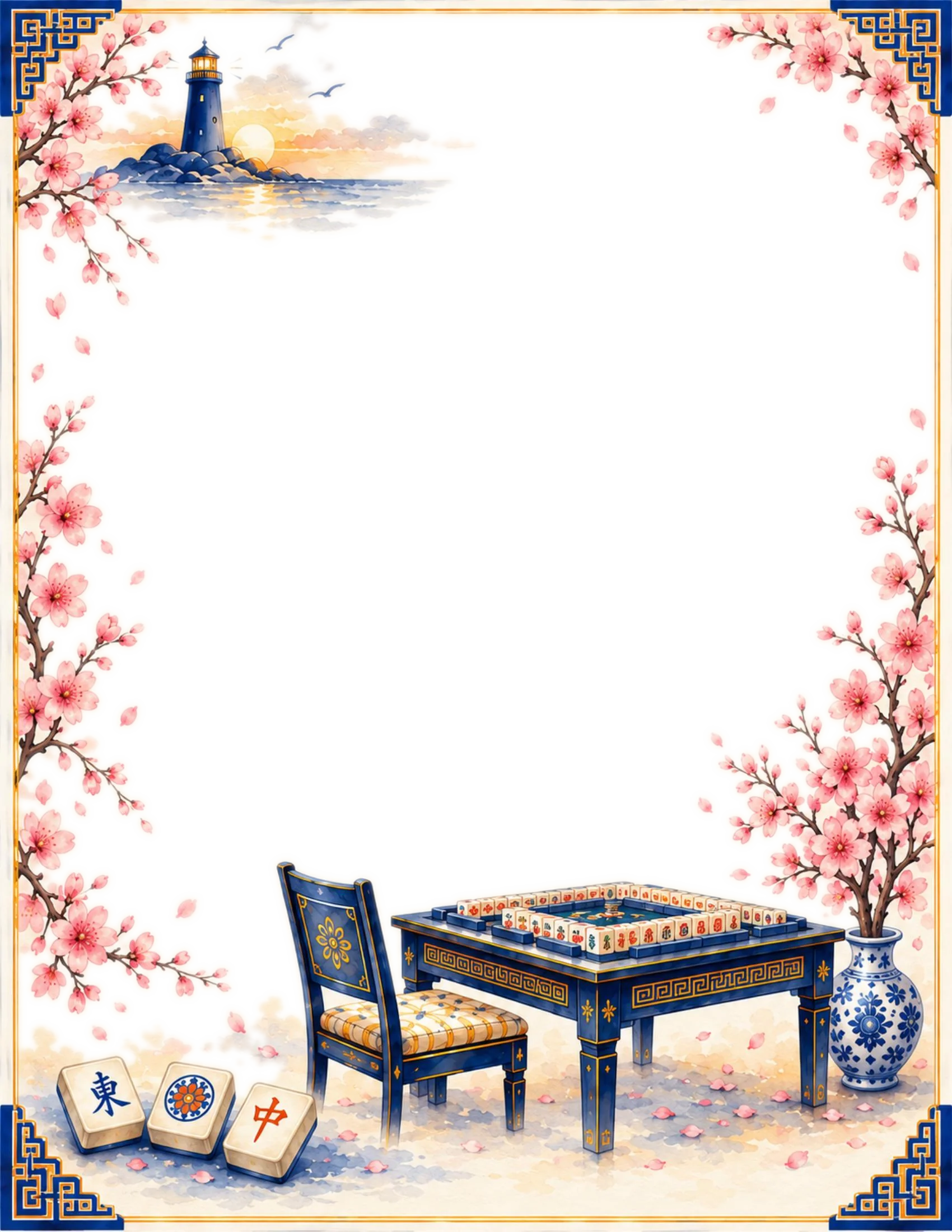 An ornate border of cherry blossom branches framing a small lighthouse on a rocky shore at sunset, a fully set mahjong table with an empty chair, a blue-and-white porcelain vase, and mahjong tiles including the East wind tile tucked into the corner.