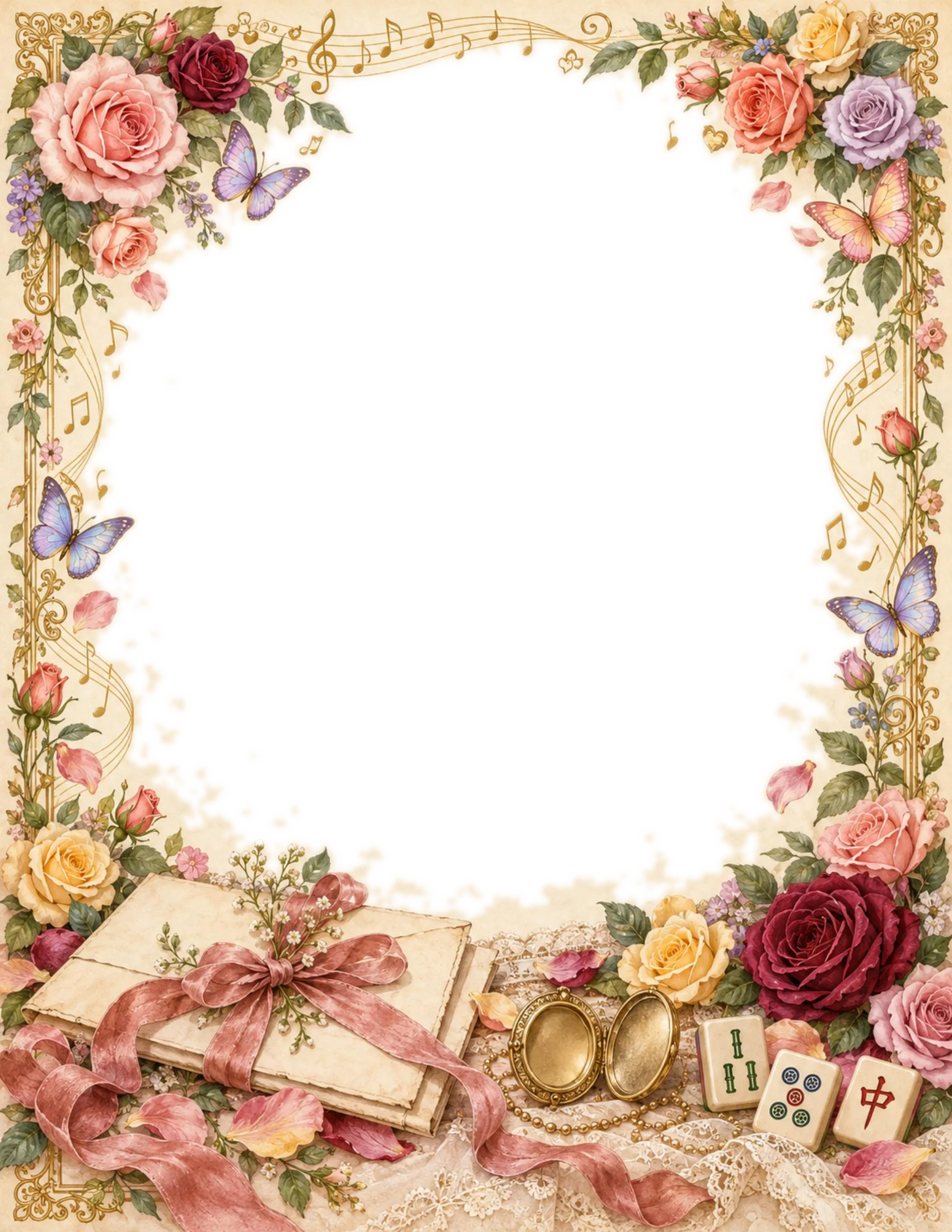An ornate border of roses in pink, coral, and burgundy with butterflies and a gold musical staff, framing a ribbon-tied bundle of letters, an open gold locket, pearls and lace, and mahjong tiles tucked into the corner.