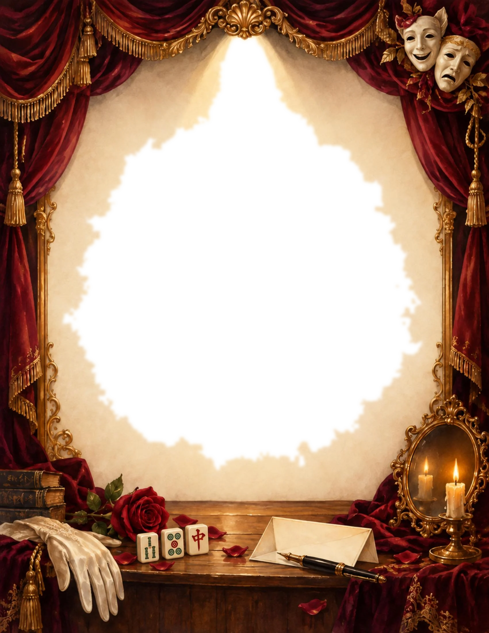 An ornate theater backdrop of deep red velvet curtains with gold tassels and a spotlight, comedy and tragedy masks in the upper corner, a gilt mirror with lit candles, a rose and scattered petals, gloves, an envelope and pen, and a stack of old books on a wooden table.
