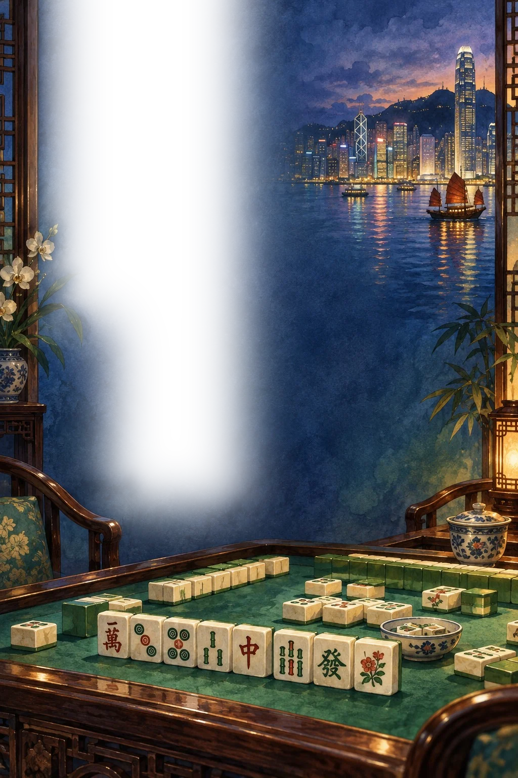 A watercolor view through a Hong Kong window screen at dusk, overlooking Victoria Harbour's skyline and a junk boat, with a mahjong table in the foreground set with tiles, a teacup, and a lantern.