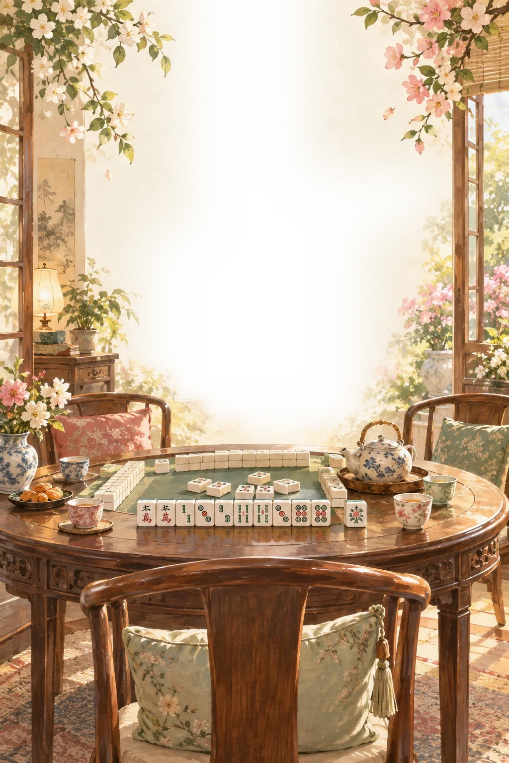 A sunlit watercolor room with cherry blossom branches framing open doors to a garden, a round wooden mahjong table set with tiles, a teapot, and cane-backed chairs with floral cushions.